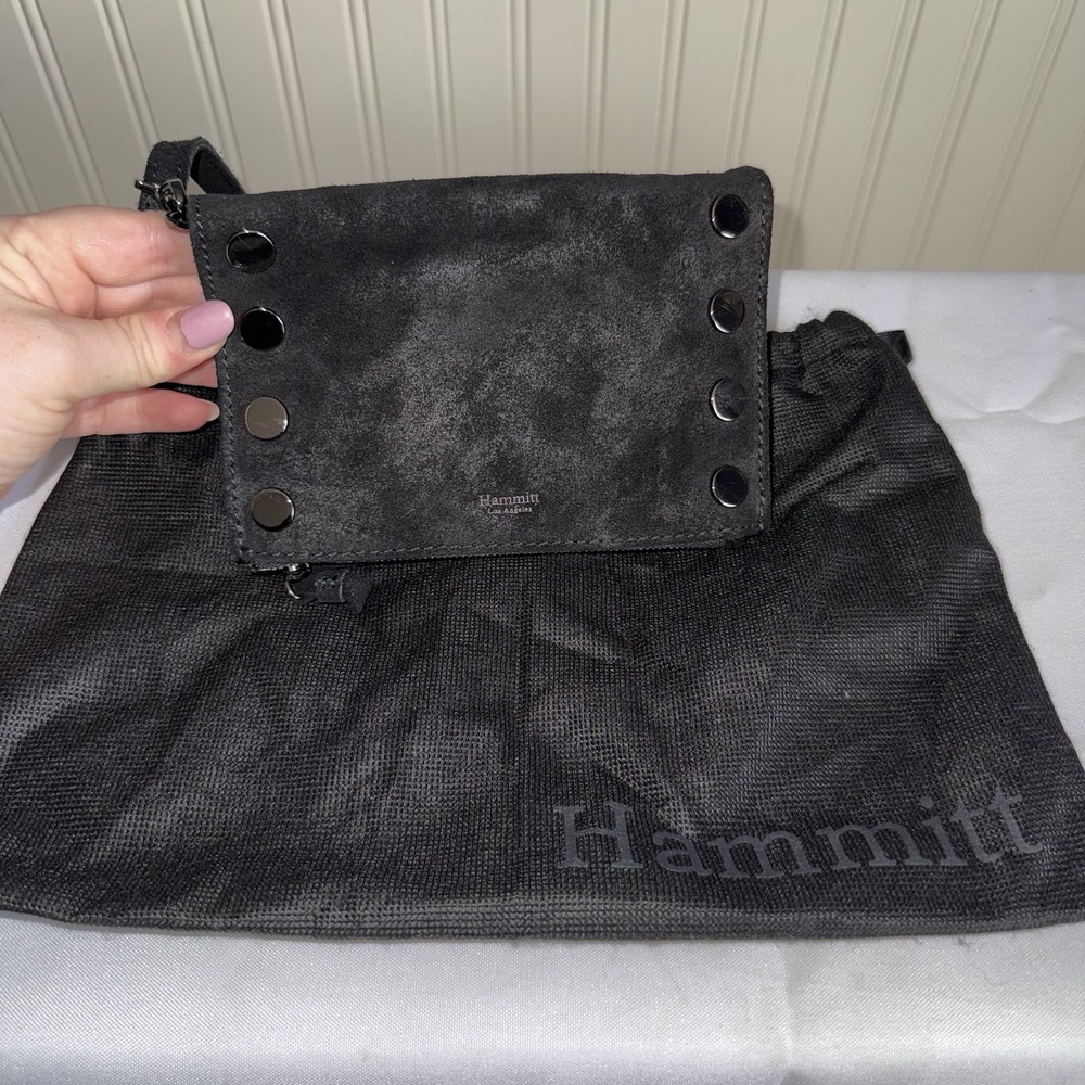 Hammitt Ryan Suede Black Clutch Crossbody Shoulder Bag Purse Gunmetal NWOT